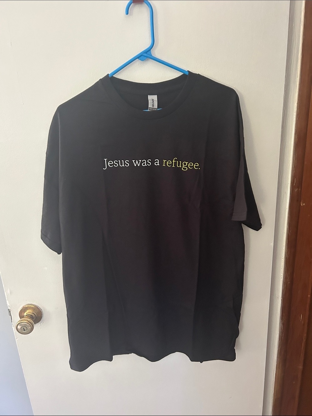 Gildan Black Short-Sleeve Tee with White and Yellow Text